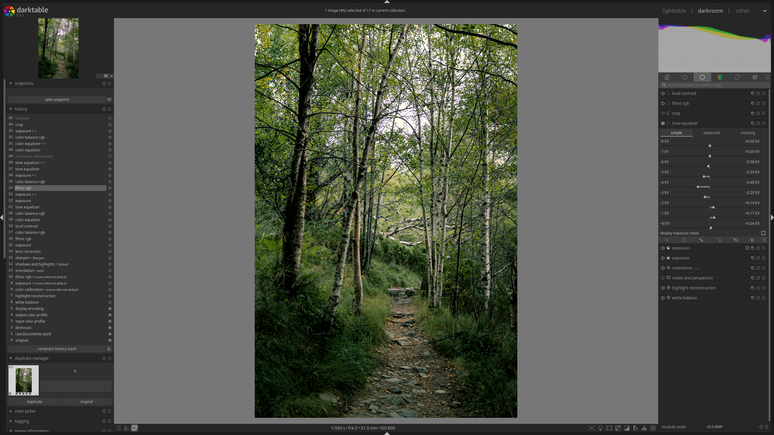 Darktable darkroom view after applying advanced exposure adjustments