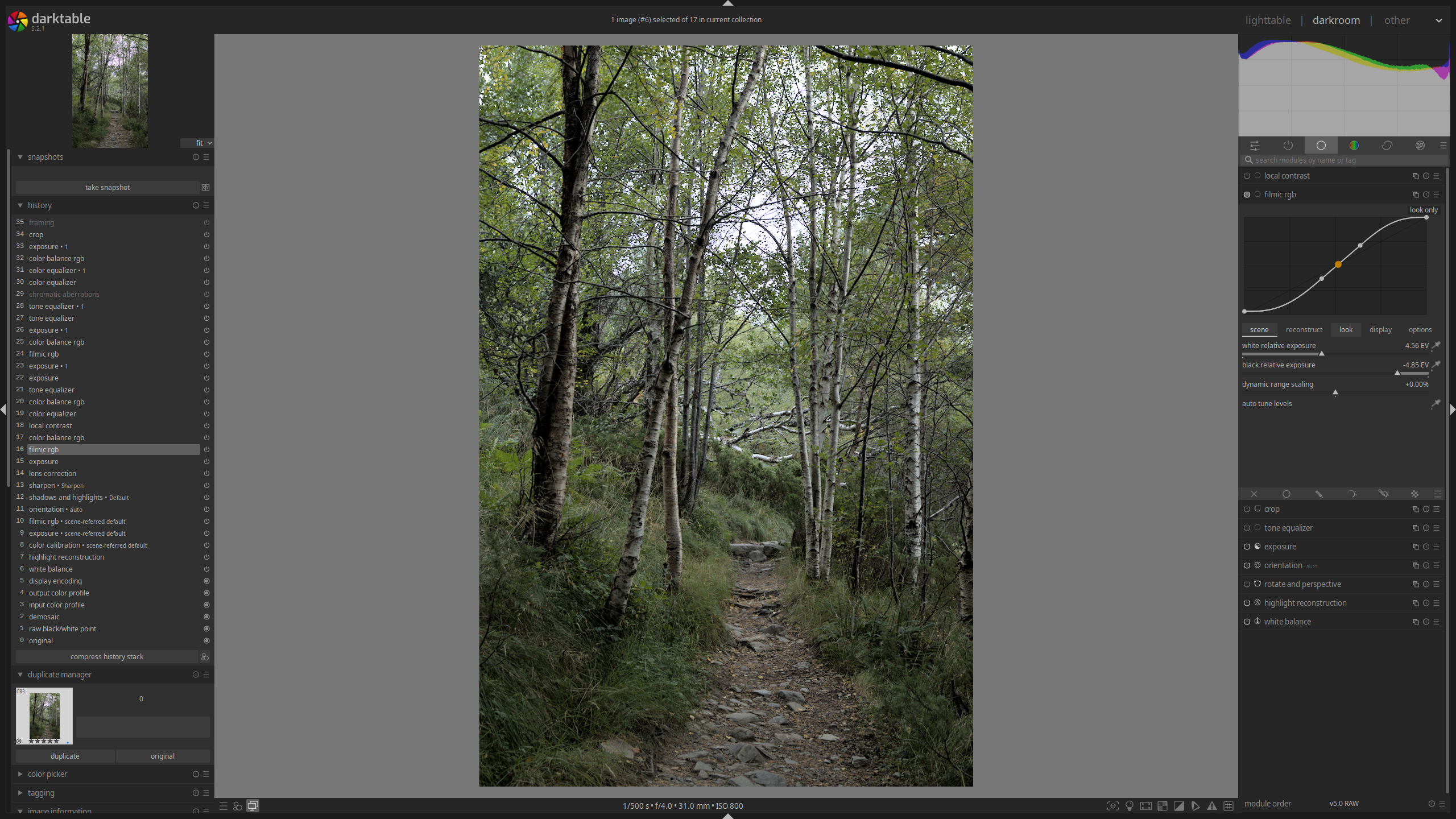 Darktable darkroom view after applying basic exposure adjustments