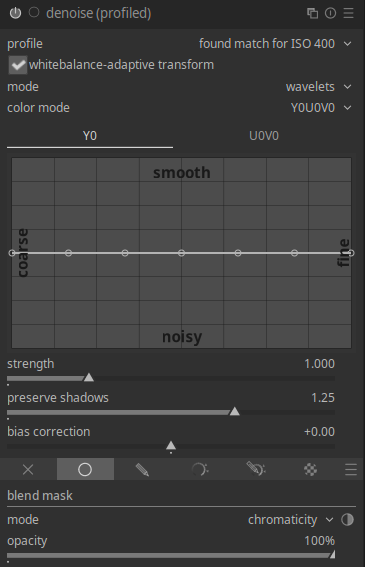 Darktable profile denoised module with a chromaticity mask
