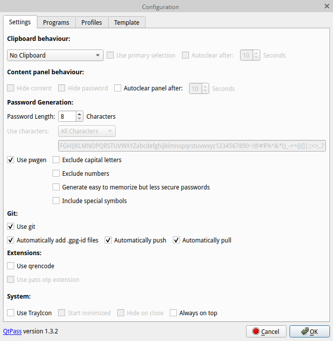 QtPass settings panel, showing Git options, among others